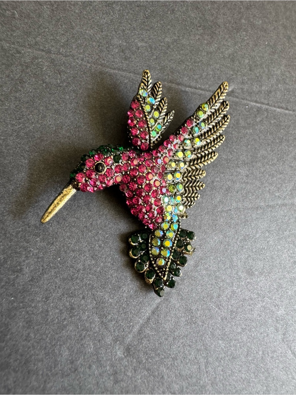 Hummingbird Brooch Pink Green Rhinestone AB Crystal Pin - Picture 2 of 7